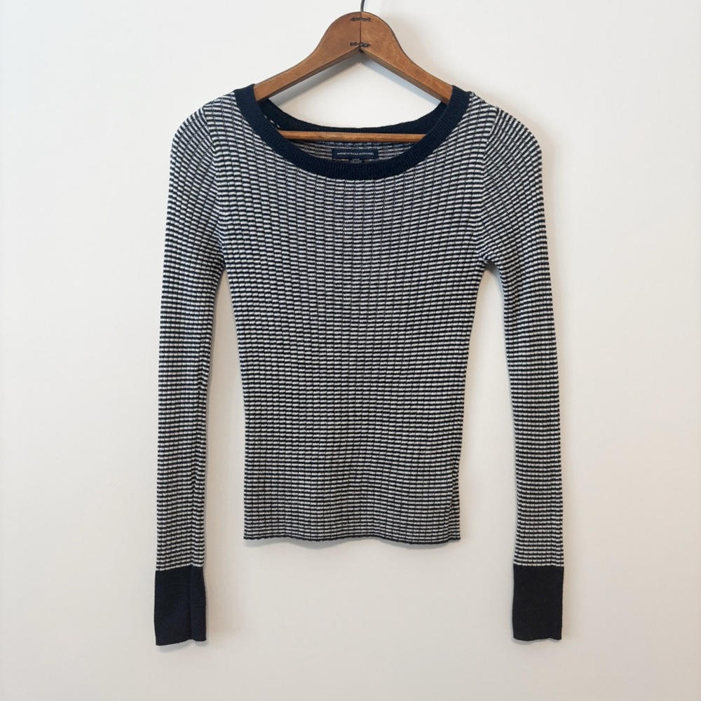 American Eagle Wide Neck Ribbed Knit Sweater Top | Navy & White Stripe SMALL